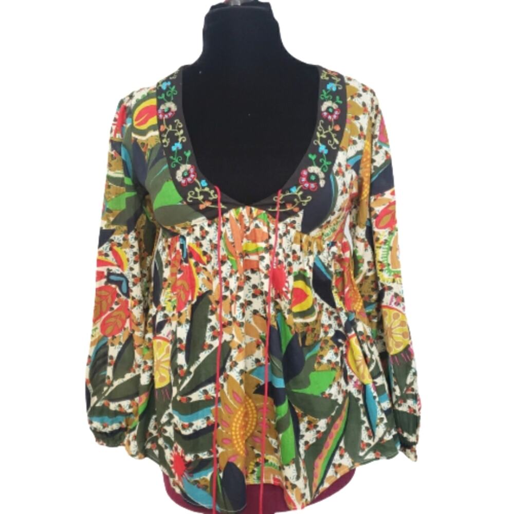 NEW Babydoll‎ Embroidered Plunge V Neckline Cotton Multi Boho Top Medium Y2K